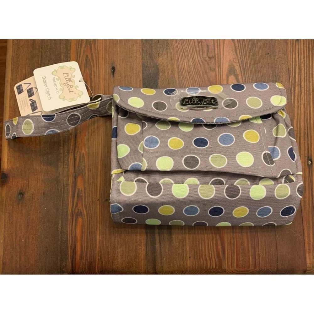 NWT LillyBit diaper clutch, gray polka dot, baby gear